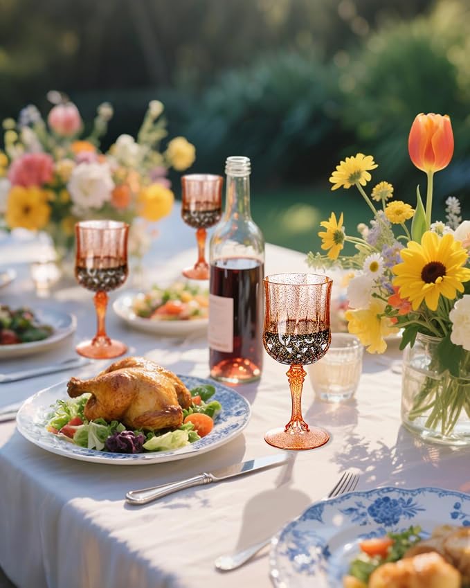 Ciaell 24PCS Amber Plastic Wine Glasses - 7 Oz Amber Vintage Drinking Glasses - Disposable Water Goblets Set for Party Wedding, Bar, Wine, Beer