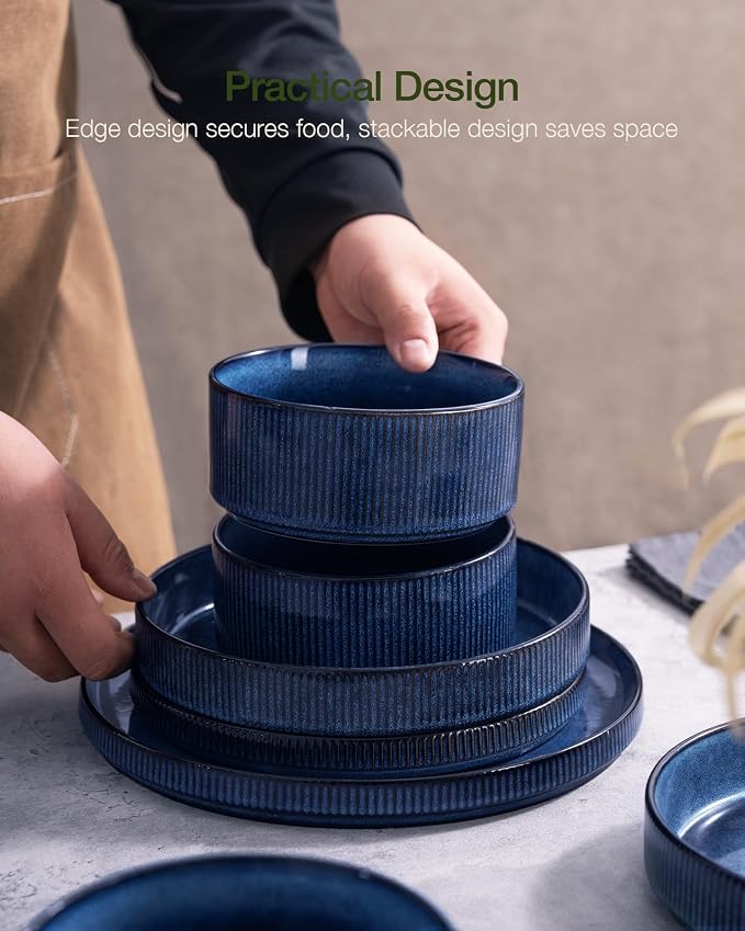 Famiware Star 24-Piece Stoneware Dinnerware Sets, Service for 6 - Reactive Glaze Mugs, Plates and Bowls, Dishes for Everyday/Formal Use, Chip/Scratch Resistant, Microwave/Dishwasher Safe, Nebulas Blue
