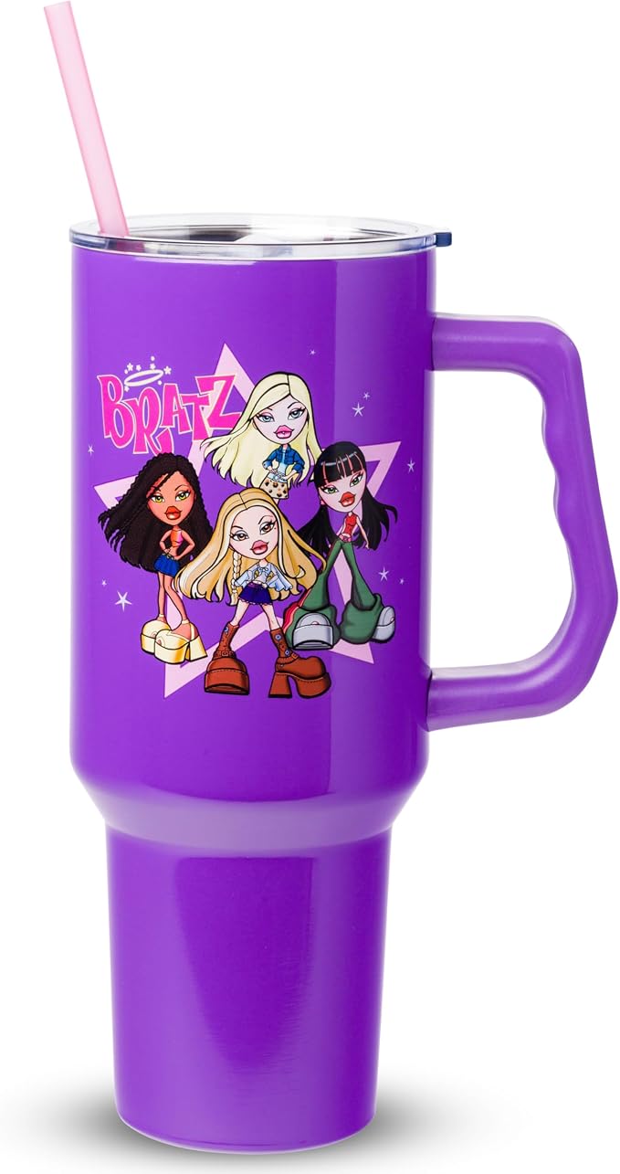 Silver Buffalo Bratz Featuring Cloe, Yasmin, Jade, and Sasha Double Walled Stainless Steel Tumbler with Handle and Straw, Fits in Standard Cup Holder, 40 Ounces