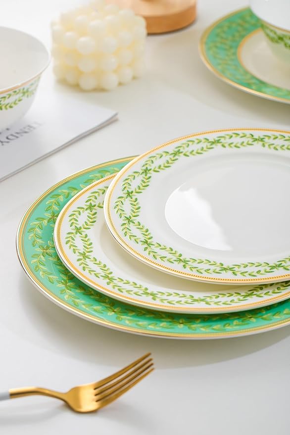 FHGNYSM High Bone China Dinnerware Set, 12-Piece Artistic Green Plates and Bowls, Lightweight & Chip Resistant Ceramic Service for 4, Dishwasher Safe Elegant Kitchen Dining