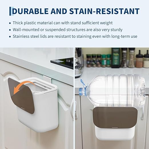 Hanging Kitchen Trash Can with Lid - 1.8 Gallon Small Compost Bin for Cabinet Door, Under Sink - Odor-Sealing Stainless Steel Top Food Waste Bin for RV, Bathroom, Office - Indoor Recycling Bin