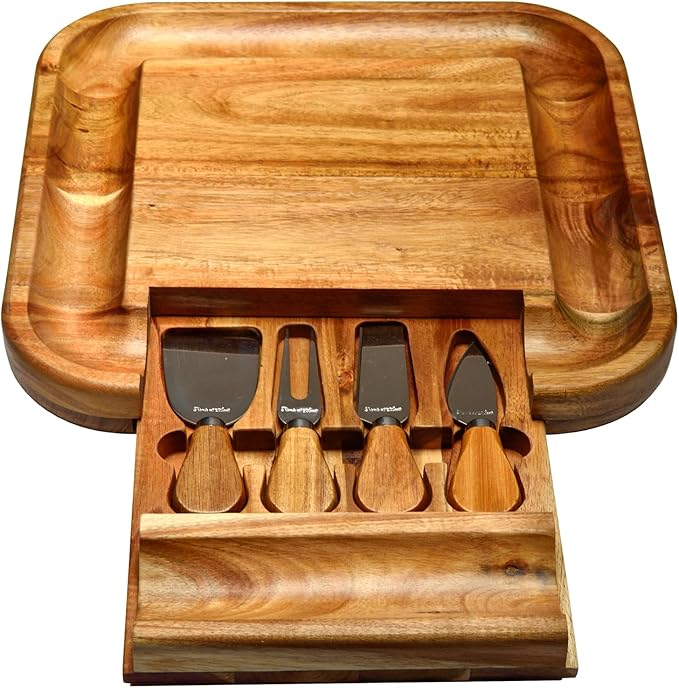 Picnic at Ascot Original Bamboo Cheese/Charcuterie Board with Cracker Groove & Drawer with Cheese Tools - Designed & Quality Checked in the USA