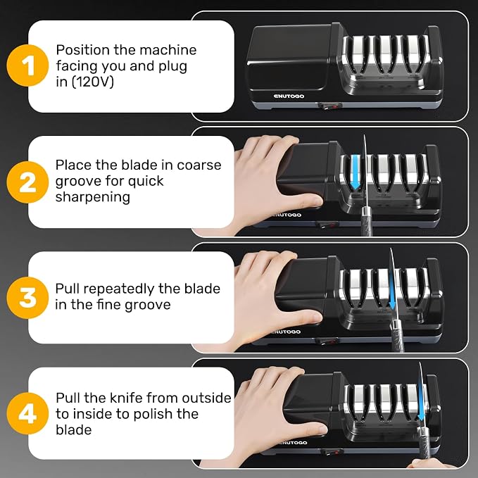 Enutogo Knife Sharpener, 3-Stage Electric Knife Sharpener for Kitchen Knives, 100% Diamond Abrasive with Quick Sharpening & Polishing, Professional Sharpening Tool with Metal Dust Collection Box