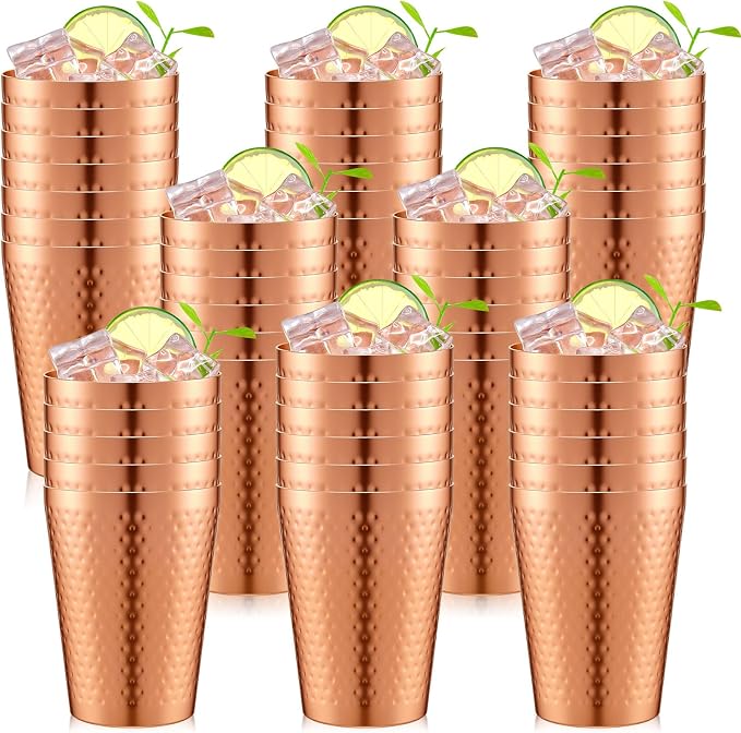 Tanlade 48 Pcs Aluminum Cups Bulk, 14 oz Copper Color Water Tumblers, Metal Cups for Drinking, Hammered Surfaces Mirror Finish Stackable Cold Glasses for Red or White Wine Iced Coffee (Gold)