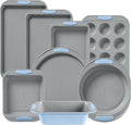 Pyrex 8-Piece Metal Bakeware Set, Lightweight Stainless Steel Baking Trays with Heatsafe Silicone Handles, Cookie & Muffin Sheets, Round/Square Baking Pans, Cerulean
