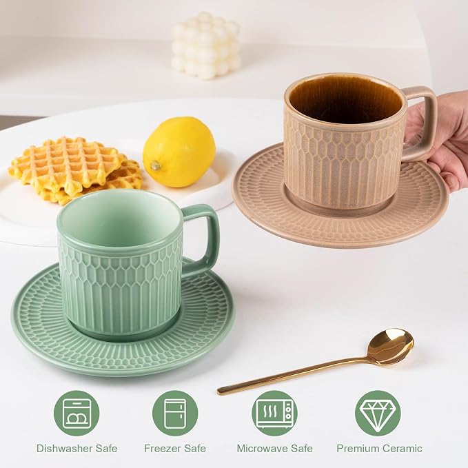 8oz Cappuccino Cups with Saucers Set of 4, 8 Ounce Stackable Embossed Ceramic Coffee Mugs for Specialty Coffee Drinks, Latte Mugs, Cafe Mocha and Tea, Dishwasher & Microwave Safe (Mix)
