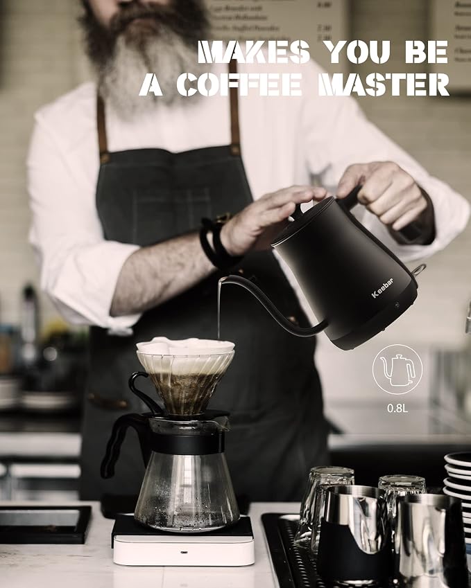 Electric Kettle, Gooseneck Kettle with Auto Shut Off, 0.8L Small Eletric Tea Kettle, Precise Spout Designed for Coffee Tea, 1000W Quick Heat Up, Stainless Steel, Matte Black | Auto Shut Off, 0.8L, Precise Spout Designed for Coffee Tea, 1000W Quick Heat...