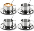 ZENFUN 4 Pack 6.8 oz Coffee Cups Set, 18/8 Stainless Steel Espresso Cup with Saucer and Spoon, Cute Coffee Mugs with Handle, Drinkware Cup for Latte, Cappuccino, Milk, Tea