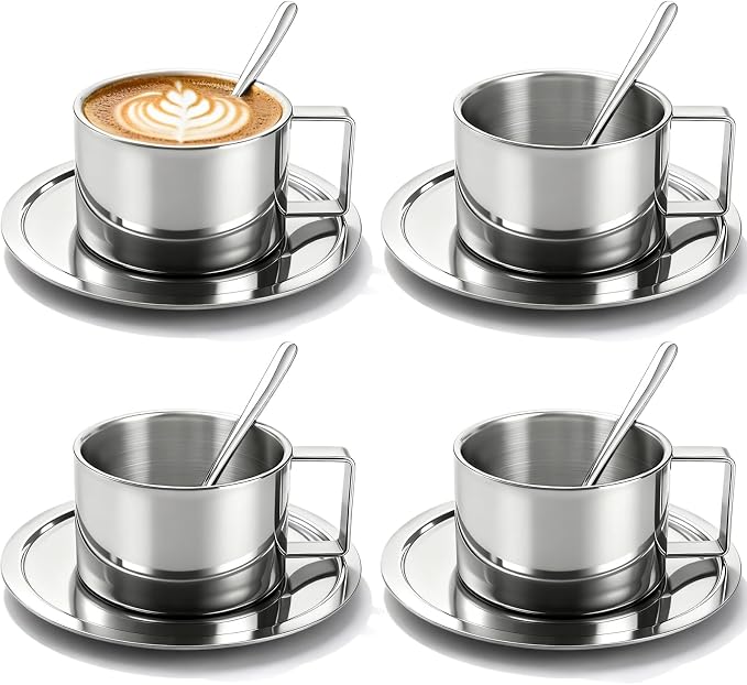 ZENFUN 4 Pack 6.8 oz Coffee Cups Set, 18/8 Stainless Steel Espresso Cup with Saucer and Spoon, Cute Coffee Mugs with Handle, Drinkware Cup for Latte, Cappuccino, Milk, Tea