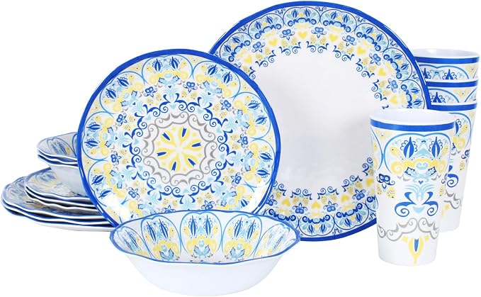 Melamine Dinnerware Set for 4-16 Pcs:Camping Dishes Set with Dinner Plates,Salad Plates, Bowls and Cups.Lightweight and Unbreakable.Indoor and Outdoor Use.