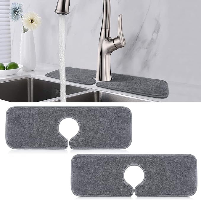 PoYang 2 Pack Faucet Mat for Kitchen Sink Splash Guard Short: Super Absorbent Microfiber Sink Water Splash Guard Behind Kitchen Faucet Mat for Bathroom, RV Protector, Machine Washable 17.7'' x 4.7''