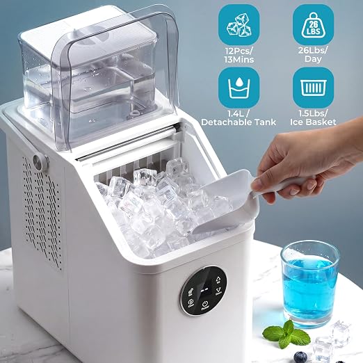 Electactic Countertop Ice Cube Maker, 16Pcs Ready in 13 Mins, 26Lbs/Day, Adjust Ice Thickness, 24H-Timer, Portable Self-Cleaning Compact Ice Machine with Handle