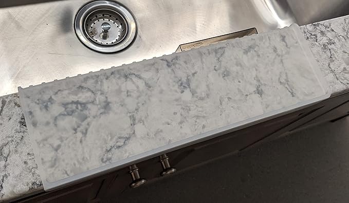 SiliProducts SiliSink Silicone Edge Guard for Kitchen Sink - Fits 3.75” - 4” Wide - The Original Silicone Sink Edge Protector with Sponge Caddy - Splash Guard, 14” Frosted Matte