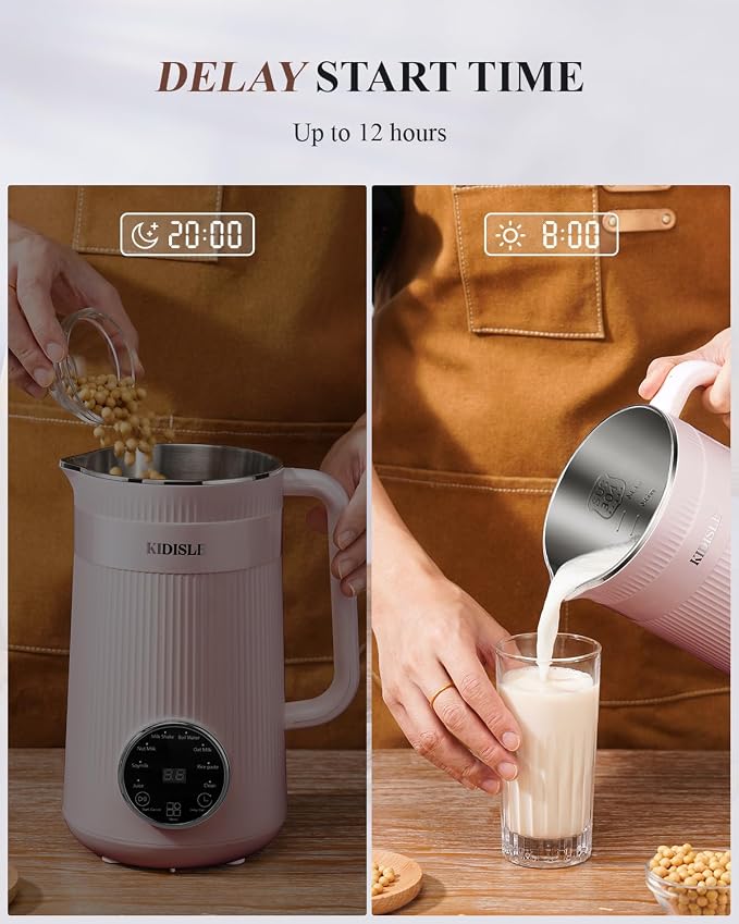 KIDISLE 8 in 1 Nut Milk Maker Blender, 32oz Homemade Soy, Almond, Oat, Coconut, Plant Based and Non Dairy Beverages, Automatic Soybean Machine With Delay Start/Keep Warm/Boil Water, Pink