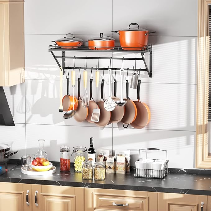OROPY 31 Inch Wall Mounted Pot Rack Storage Shelf with 2 Tier Hanging Rails 14 S Hooks included, Ideal for Pans, Utensils, Cookware - Black