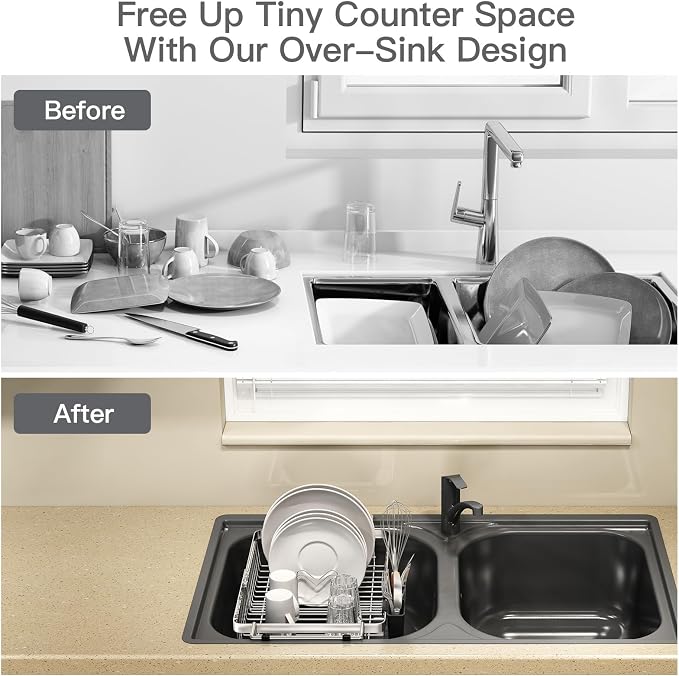 MAJALiS Dish Drying Rack Over The Sink with Utensil Holder | Expandable Stainless Steel Dish Drainer for Small Kitchen, Apartment, RV, Counter Space Saving, Perfect Fit, Rustproof