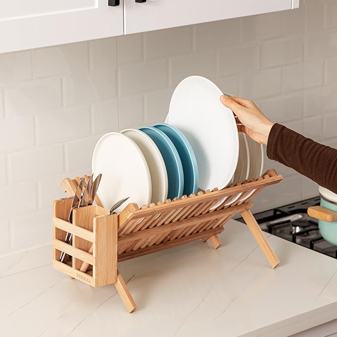 HBlife Dish Rack, Bamboo Folding 2-Tier Collapsible Drainer Dish Drying Rack with Utensils Flatware Holder Set (Dish Rack with Utensil Holder)