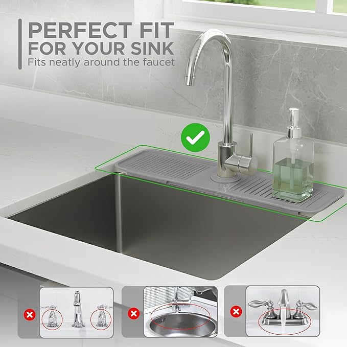 24 Inch Longer Faucet Mat for Kitchen Sink| 5° Slope Fast Self-Draining Sink Splash Guard | Multipurpose Faucet Mat Foldable Durable No Smell | Cut-to-Fit Opening Up to 2.6in | Nordic Grey