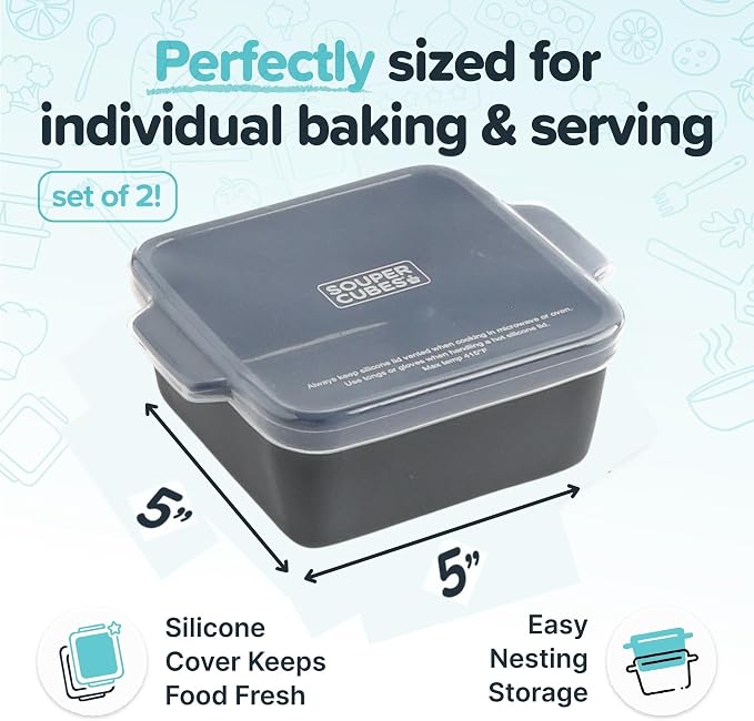 Souper Cubes Ceramic Baking Dishes 2.0-5" x 5" Baking Dishes with Silicone Lids, Individual Baking Dishes for Oven, Microwave, Oven and Air Fryer Safe, USA Made, Set of 2 - Charcoal