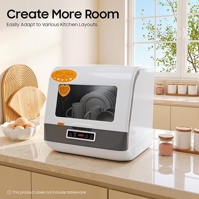 Portable Countertop Dishwasher, Compact Mini Dishwasher with 4 Wash Programs (Quick/Standard/Strong/Fruit), No Installation Needed, Space-Saving for Apartments RVs Small Kitchens