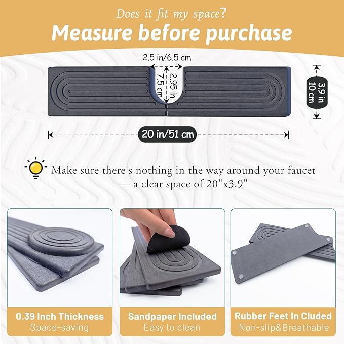 20 Inch Small Faucet Mat for Kitchen Island Sink, Instant Dry Sink Protector for Countertop, Stone Sink Caddy Diatomaceous Earth Stone Drying Tray Around Faucet for Kitchen Bathroom RVs, Dark Grey