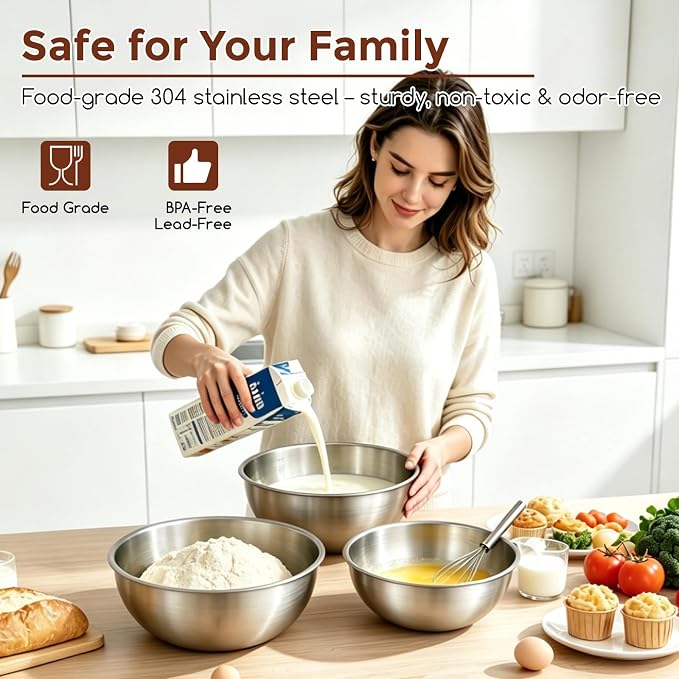 Gronivex 304 Stainless Steel Mixing Bowls, 3-Piece (1.5, 2.2 & 3.4 Qt) | Food-Grade Metal, Dishwasher safe，Stackable Nesting & Space-Saving – For Kitchen Baking, Salads, Meal Prep, RV & Camping