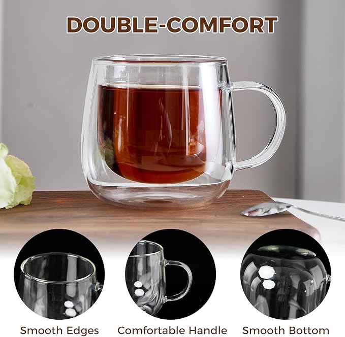 Double Wall Insulated Latte Glasses 10oz with Handle - Set of 2, Clear Glass Mugs for Cappuccino, Espresso, Tea & Hot Drinks