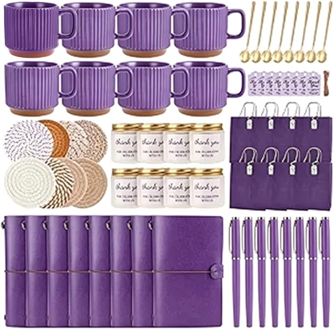 Baby Shower Prizes for Game Winners Baby Shower Games Prizes Ceramic Mugs with Metal Spoons Woven Coasters Notebooks Scented Candles Gift Bags Wedding Bridal Shower Favors for Guests (8, Purple)