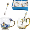 Tea Cup Glass Coffee Mugs,Fancy Tea Cup Set Birthday Christmas Valentine's Day Gift Idea for Tea Lover and Women Novelty Coffee Mugs Rose Flower Enamel Cup with Spoon (Blue rose & butterfly daisy cup)