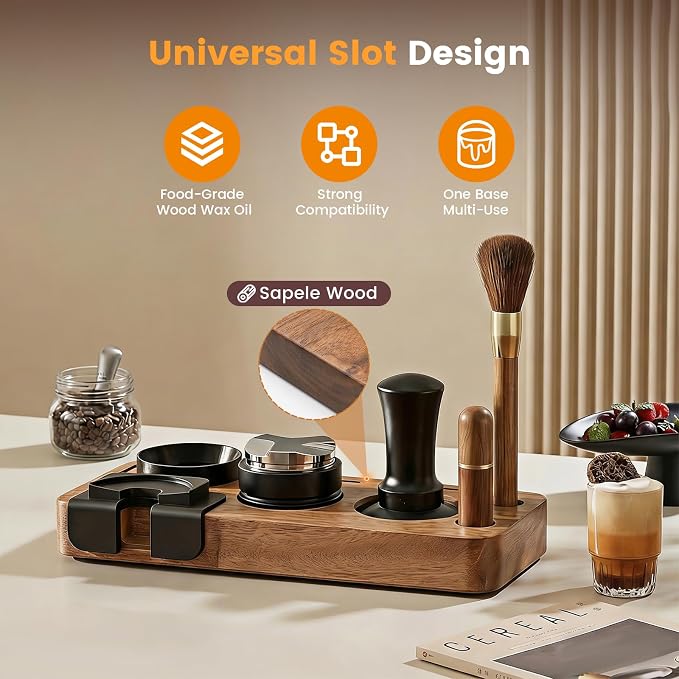 28-Piece 51mm Espresso Accessories Kit with Wood Tamping Station | Wood tamping station with tamper, distributor, WDT tool, dosing funnel, milk pitcher, puck screen and latte art accessories