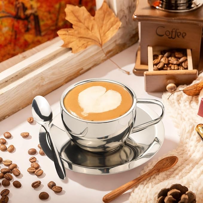 304 Stainless Steel Coffee Cups with Spoon & Saucer, 6.08 Oz Metal Espresso Mugs, Double Walled Insulated Espresso Coffee Cup for Cappuccino Latte Milk Tea Beverages (1 Set，180 ml)