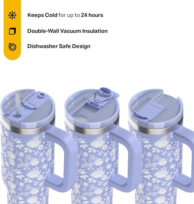 RTIC 30 oz Road Trip Tumbler Double-Walled Ceramic Lined InsulatedStainless Steel Portable Travel Coffee Mug Cup with Lid, Handle and Straw, Periwinkle Bouquet