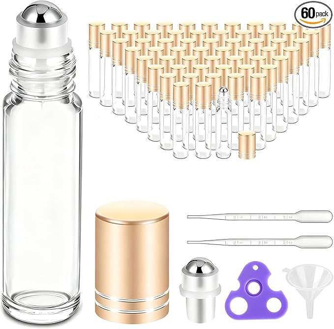PrettyCare 60 Pack, 10 ml Essential Oil Roller Bottles with Stainless Steel Roller Ball - Bulk Refillable Leak-proof Empty Thick Clear Glass Roll on Bottles with Metal Caps for Travel, Perfume