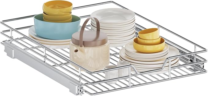 Pull Out Cabinet Organizer, 22.5" W x 21.5" D, Heavy Duty Chrome Slide Out Shelf for Wide Base Cabinets, Sliding Wire Basket Drawer for Pots, Pans, Appliances & Pantry Storage