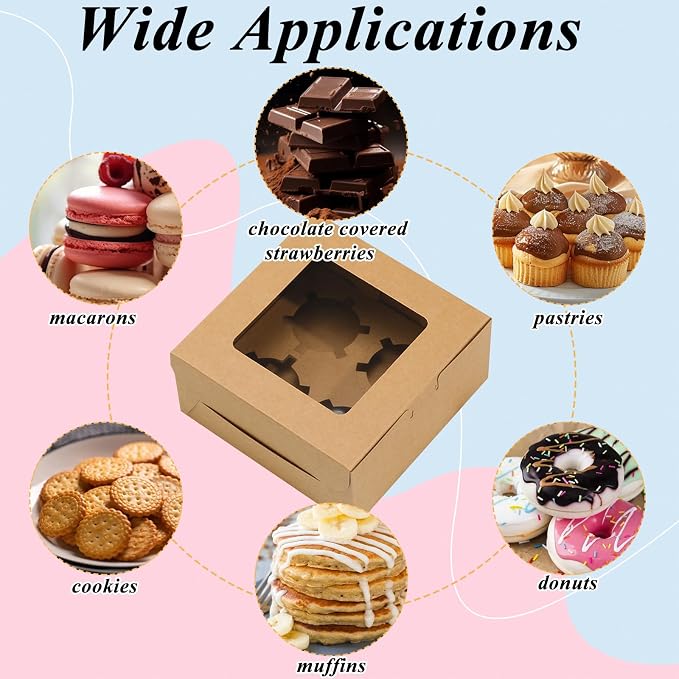 QTLCOHD 100 Pack 6 x 6 x 3 Inch Bakery Boxes with Window Brown | Small Cupcake Box Individual Kraft Cookie Pastry Boxes for Pastries, Cookies, Pie, Donuts, Macaroon