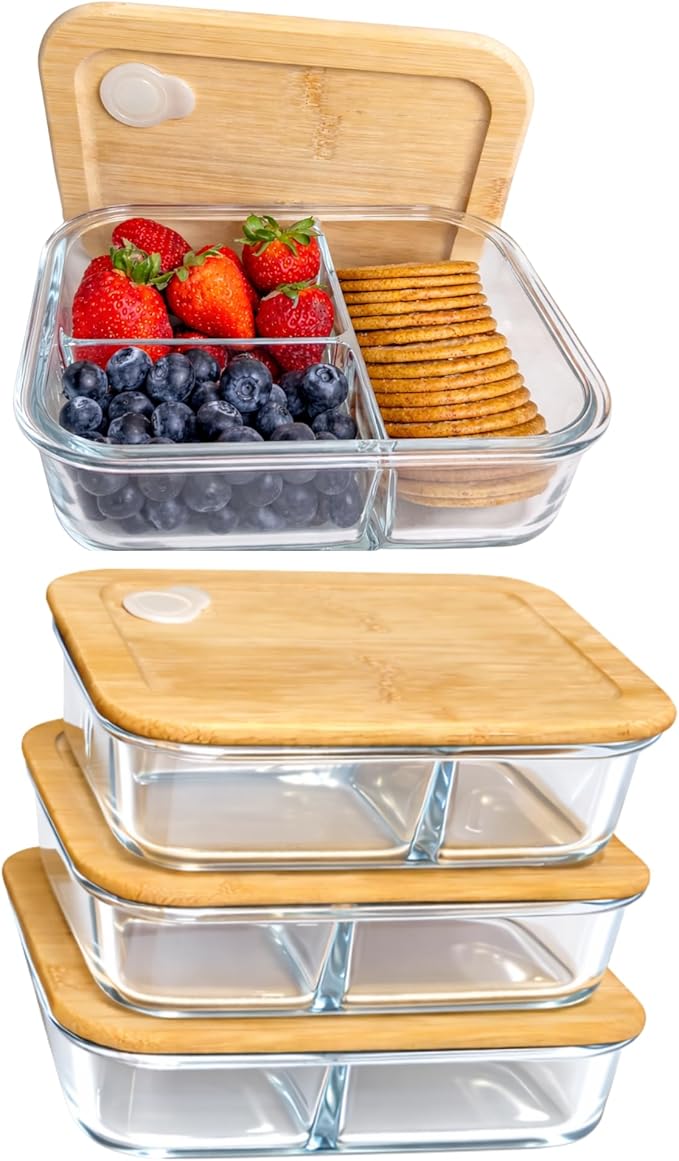 Glass Food Storage Containers with Bamboo Lids, Airtight Containers, Non Toxic Food Storage, Eco Friendly Fridge Storage Containers Includes Elastic Bands and Utensils (4 Count)