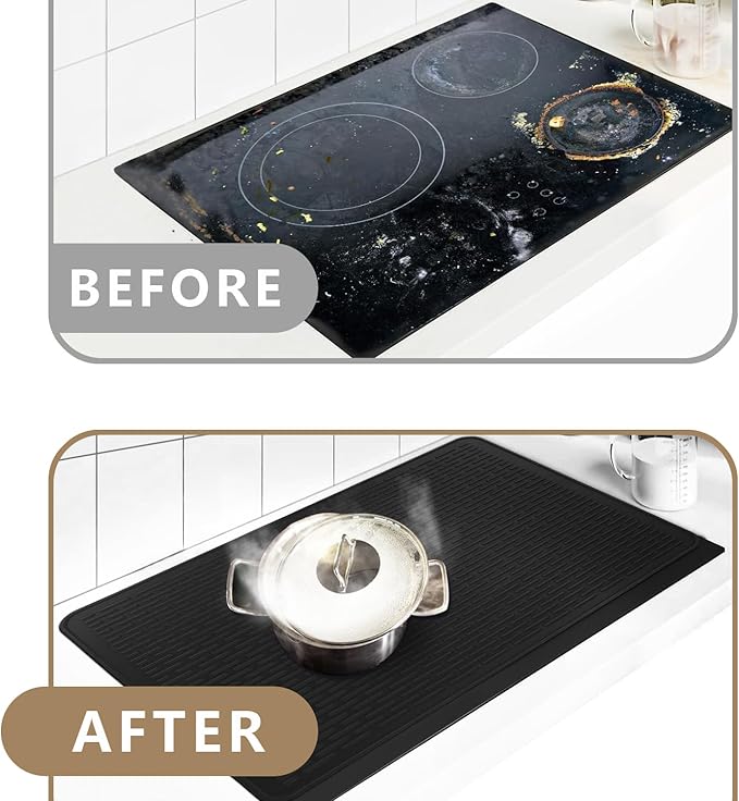 Golener Silicone Large Dish Drying Mat - 28" x 20" Stove Top Protector for Electric Stove, Food Grade, Foldable, Easy Clean, Heat-Resistant Mat for Glass Cooktop, Black
