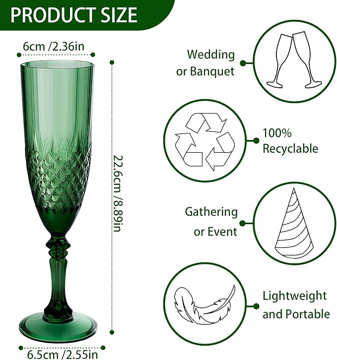 Plastic Champagne Flutes, Champagne Glasses Bulk, Reusable Unbreakable Acrylic Wine Glasses Goblets for Weddings Bachelor Parties Toasting Bridal Shower (24, Dark Green)