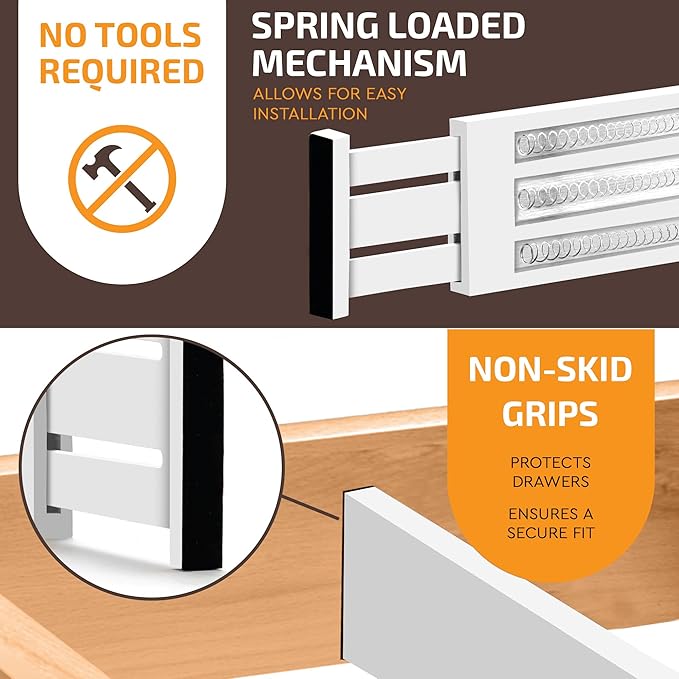 6-Pack Drawer Dividers 4 Inch High, 11”-17" Adjustable Bamboo Organizers Large Expandable Drawer Separators for Cloths, Dresser, Bedroom, Bathroom, Baby Drawer, Office & Kitchen Utensils (White)
