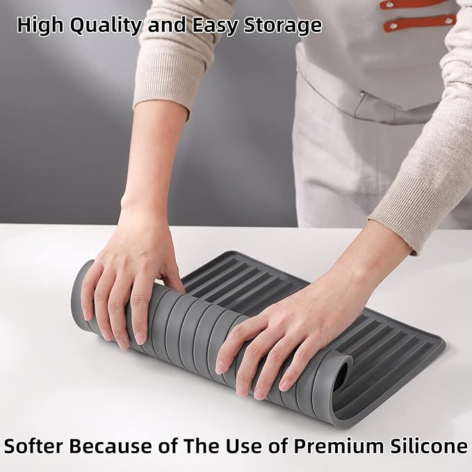 Dish Drying Mat, Flexible Silicone Drying Mat for Kitchen Counter, Heat Resistant Silicone Trivet for Countertop Protector, Super Thick Non-Slip Dish Drying Pad for Under Rack, 12” x 16”