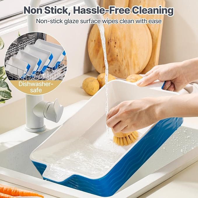 Estmoon Ceramic Baking Pan with Handles, Porcelain Baking Pans Set of 4, Oven Safe and Durable Baking Dishes Rectangular Baking Sheets for Wedding Gifts, Cooking, Blue(7.5''/9"/10.6"/12")