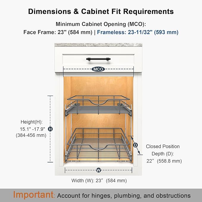 2 Tier Pull Out Cabinet Organizer - 23" W x 22" D Soft Close Slide Out Shelves with Shelf Liners - Pullout Drawers for Kitchen Cabinets, Pantry, Bathroom, Heavy Duty Steel Wire Baskets