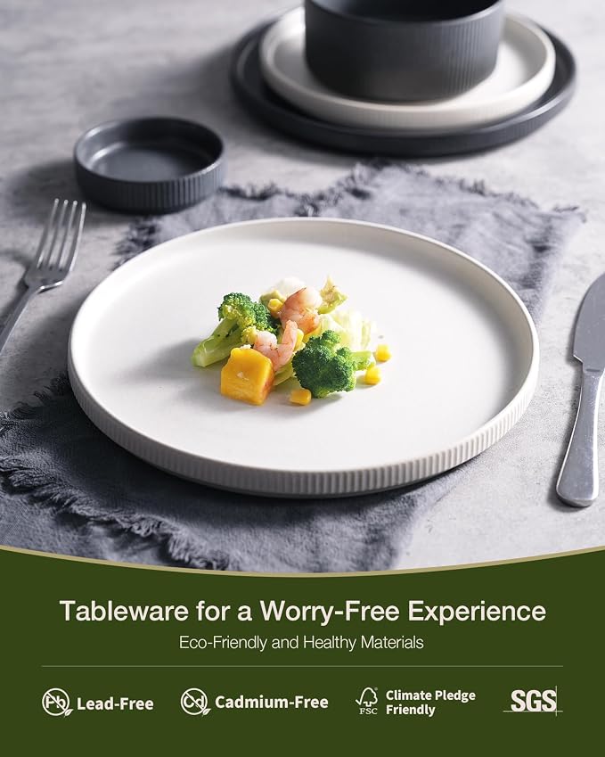 Famiware Star 24-Piece Reactive Glaze Plates and Bowls Sets, Service for 8 - Stoneware Dinnerware Set, High Edge Ribbed Dishes, Chip & Scratch Resistant, Microwave & Dishwasher Safe, White & Black