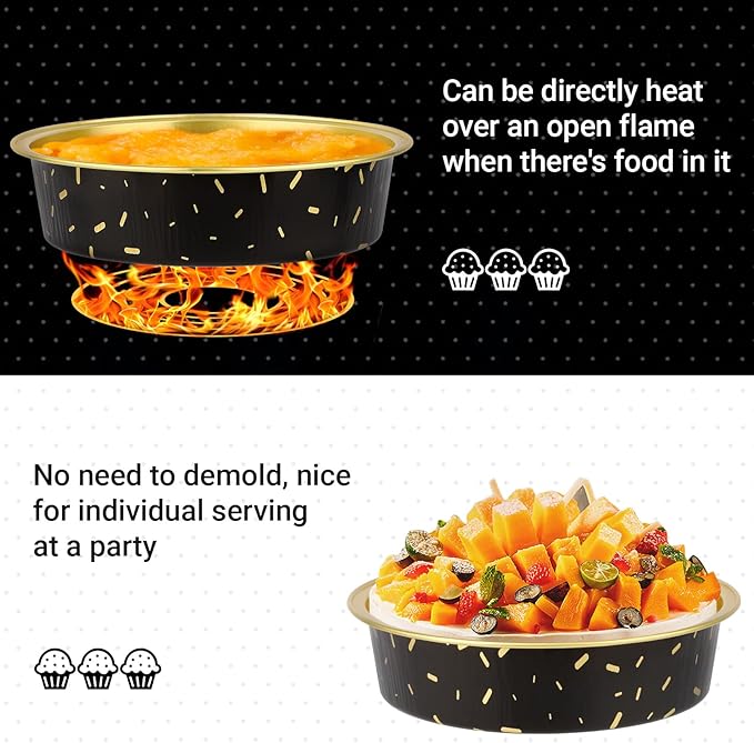 Beasea Disposable Baking Cups, 200 Pack 7.3oz 215ml Aluminum Ramekins Foil Baking Cups 4" Cupcake Aluminum Mini Baking Cups No Lids for Party - Gold/in Black