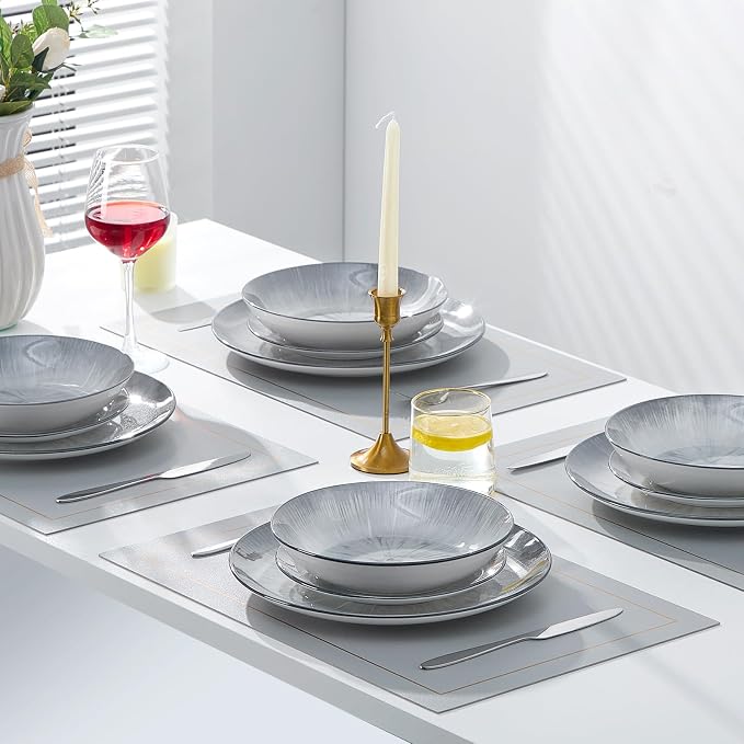 Bestone Porcelain Dinnerware Sets Service for 4, 12 pcs Hand drawn Plates and Bowls Sets, Handmade Ceramic Dish Set, Chip Resistant Modern Plate Set, Dishwasher/Microwave Safe，Gray