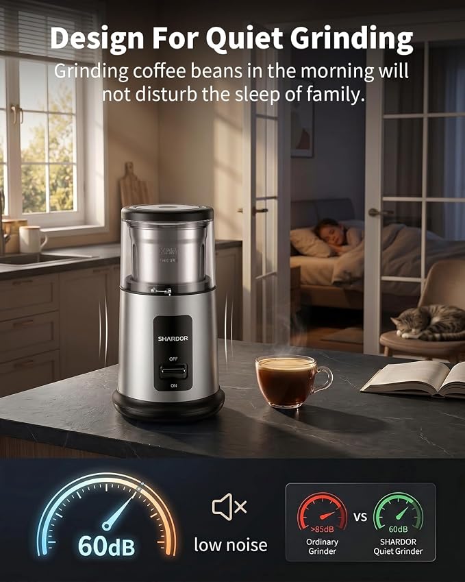 SHARDOR Quiet Coffee Grinder Electric, 70g Removable Bowl Spice Grinder for Coffee Beans, Seeds and Grains, Super Silent Grinding Mill with 60dB Low Noise, 2.5oz Capacity, Silver