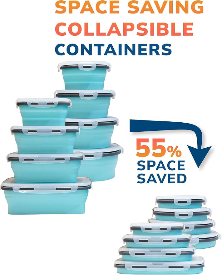 Lunememo 16 Pack Collapsible Silicone Food Storage Containers with Lids, Freezer & Dishwasher Safe, Foldable Lunch Box for Camper, Leftovers, Snacks, Meals, Blue