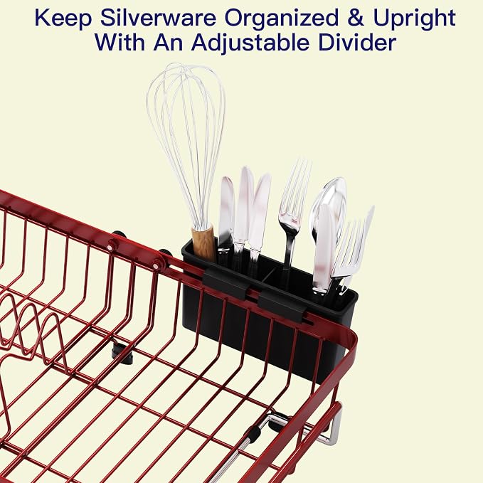 MAJALiS Red Dish Drying Rack Over The Sink with Utensil Holder | Expandable Stainless Steel Dish Drainer for Small Kitchen, Apartment, RV, Counter Space Saving, Perfect Fit, Rustproof
