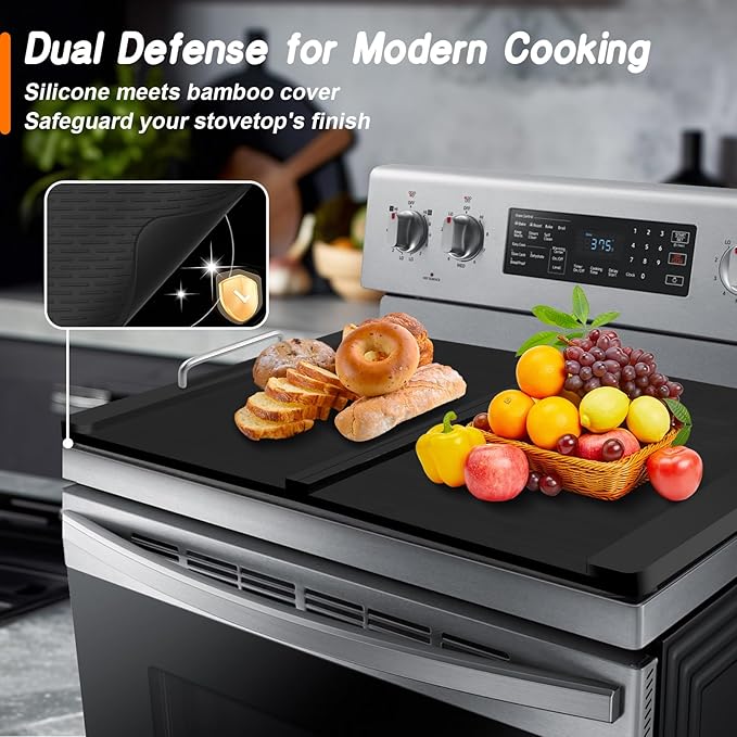Stove Top Covers with Silicone Mat for Electric Stove,Stove Top Covers for Gas Burners,Folding Noodle Board Stove Cover,RV Stove Top Cover,Over Sink Cutting Board(29.5×22inch)(Mat 28×20inch) Set-Black