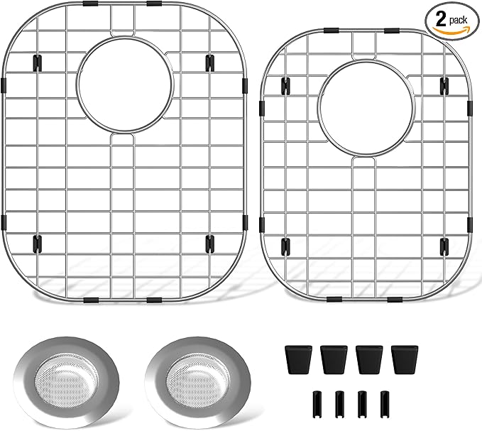 2Pack Sink Protectors for Kitchen Sink 13''x16''&11.2''x14.5'', Sink Rack for Bottom of Sink, Stainless Steel Sink Grid, Rust Resistant Metal Sink Protector with 2Pack Sink Strainer